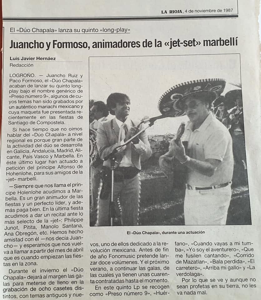 Recorte de prensa sobre la actuación de Juancho Ruiz El Charro y Paco Formoso en Marbella en julio de 1985