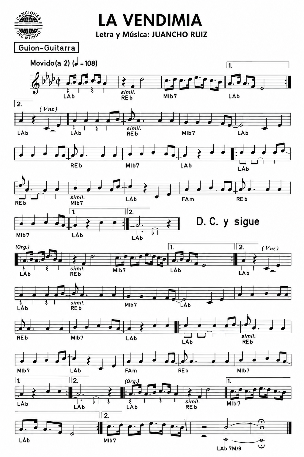 Partitura de La Vendimia de Juancho Ruiz publicada por Canciones del Mundo